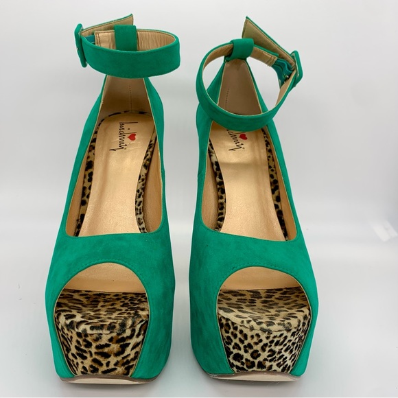 Platform heels emerald green and leopard size 9 - Picture 3 of 3